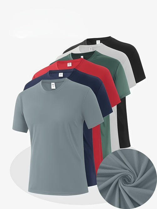 5pcs Men'S Summer Loose Crew Neck Short Sleeve T-Shirt - Check Fabric Top-Moisture-absorbent, Breathable, Soft And Comfortable For Daily Sports, Fitness And Training