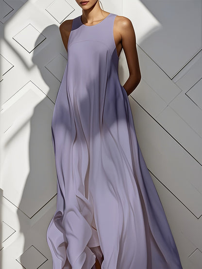 Women'S Long Dress, Summer Sleeveless Pocket Solid Skirt, Flared Ruffled Cutout Round Neck Loose Casual Vacation Fashion Everyday Pleated Maxi Dress