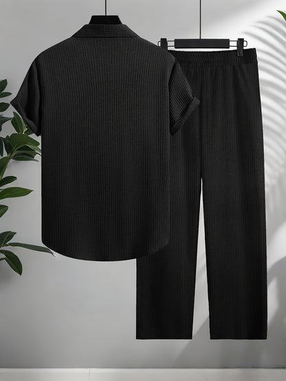 Men's Shirt Trousers Suit, Fashionable Bubble Plaid Simple Casual Lapel Short-sleeved Shirt And Solid Color Trousers Suit