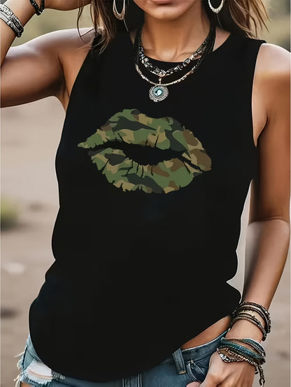 Trendy Versatile Women's Tank Top{Streetwear Style}{Camouflage Lips Graphic Tee}, Perfect for Lounging at Home, Going Out or as a Gift, Ideal Choice for Outdoor S Valentine's Day