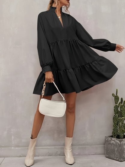 Casual V-Neck Long-Sleeve Tunic Dress for Women with a Loose Fit And Ruffled Tiers for Fall