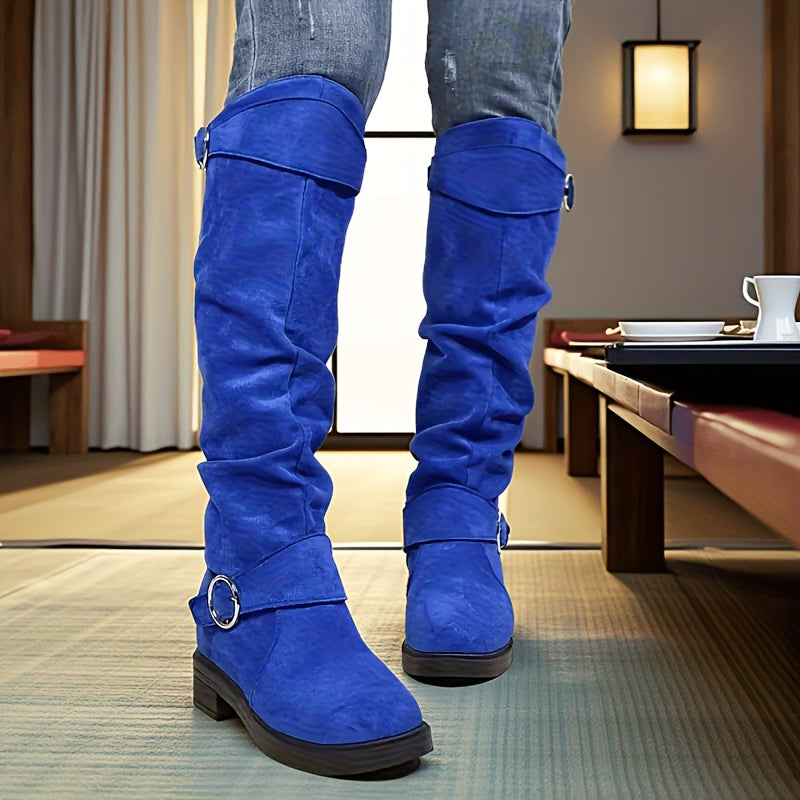 Women'S Ruched Slouchy Boots, Chunky Heel Long Boots, Versatile Over-The-Knee Boots, Women Shoes