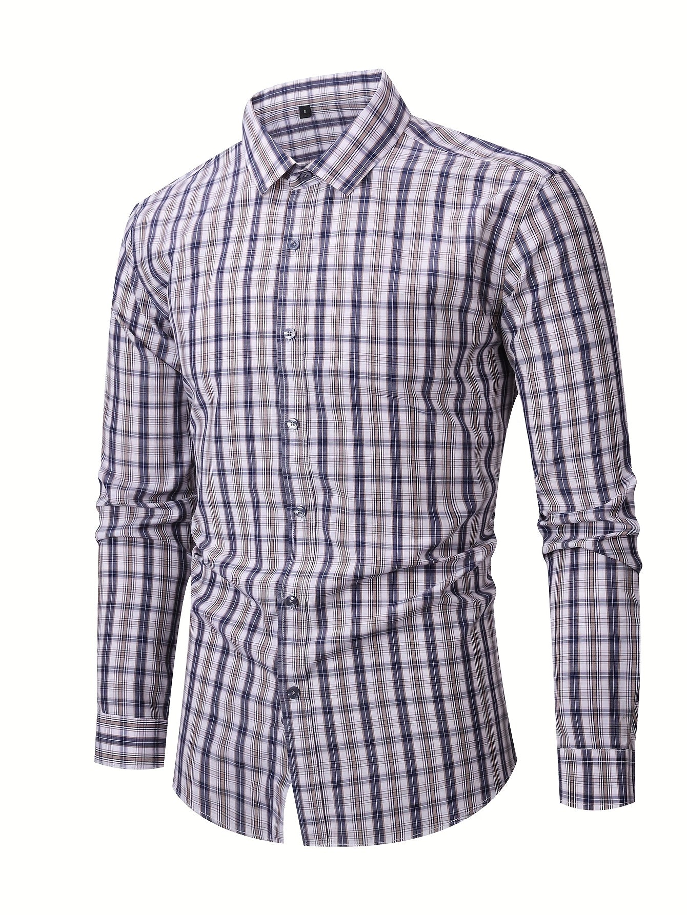 Men's Navy Blue & White Plaid Cotton Long-Sleeve Shirt - product view 13