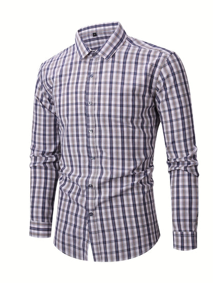 Men's Navy Blue & White Plaid Cotton Long-Sleeve Shirt - product view 13