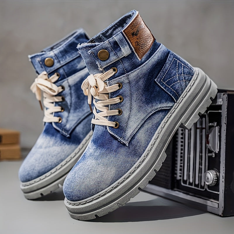 1 Pair of Men's High-top Casual Sports Denim Boots - Solid Color Round Toe Lace-up Design, Durable Washed Canvas Upper, Breathable Fabric Lining and Cushioned Insole, Non-slip Sole, Suitable for All-season Outdoor and Urban Style Wear