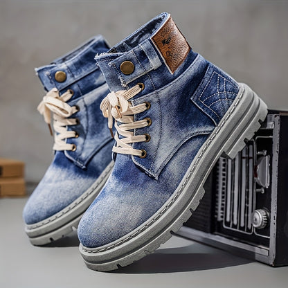 1 Pair of Men's High-top Casual Sports Denim Boots - Solid Color Round Toe Lace-up Design, Durable Washed Canvas Upper, Breathable Fabric Lining and Cushioned Insole, Non-slip Sole, Suitable for All-season Outdoor and Urban Style Wear