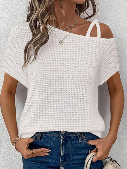 Women'S Summer Off Shoulder Waffle Short Sleeve T-Shirt Solid Color Top
