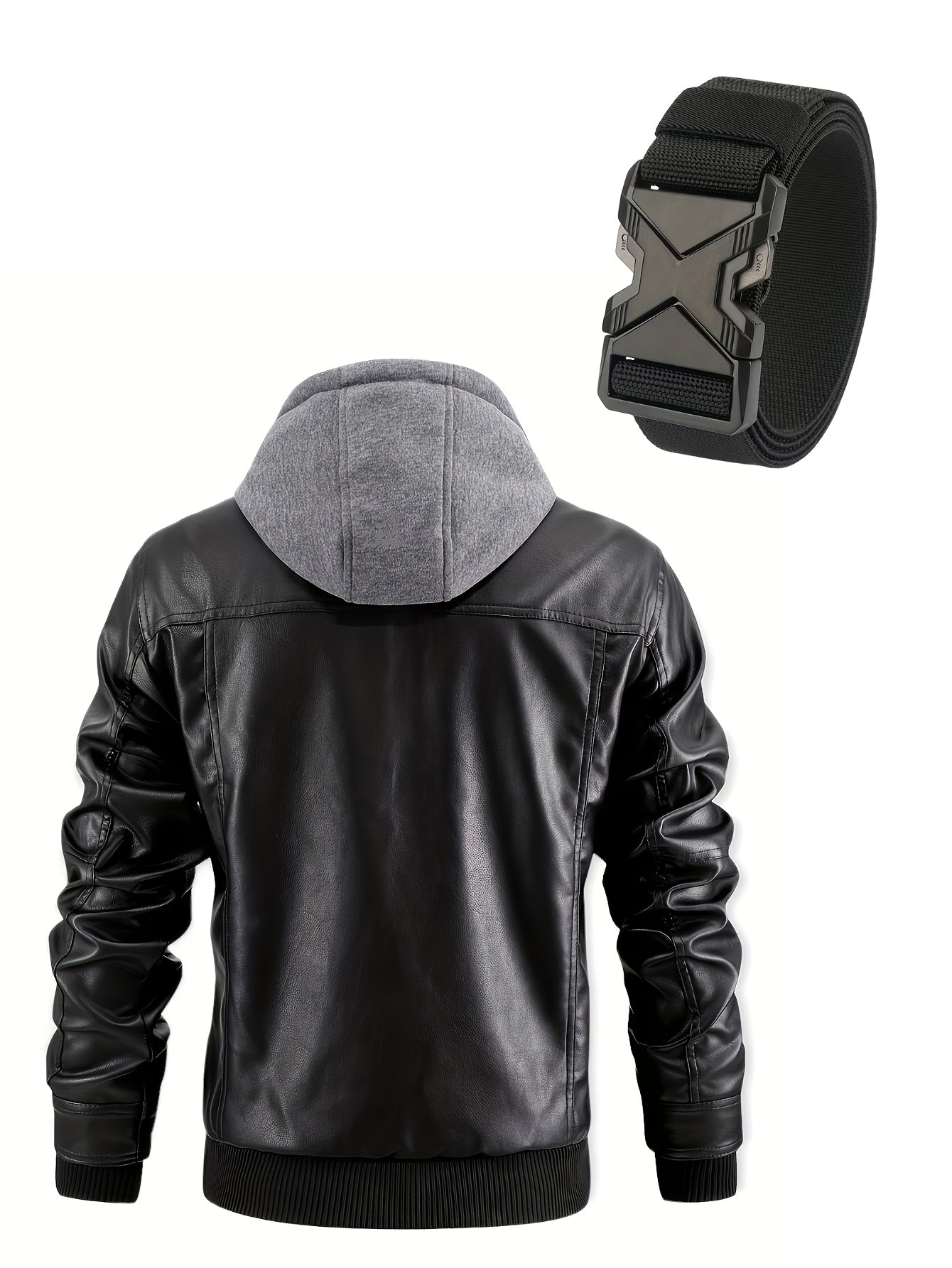 Men's Casual Stand Collar PU PU Leather Zip-Up Motorcycle Bomber Jacket with A Removable Hood ( Belt Included)