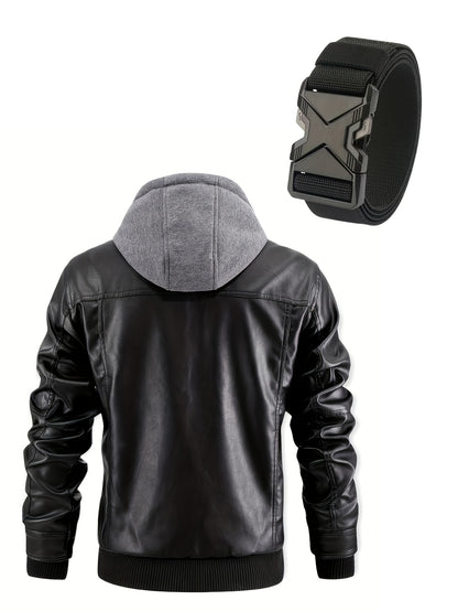 Men's Casual Stand Collar PU PU Leather Zip-Up Motorcycle Bomber Jacket with A Removable Hood ( Belt Included)