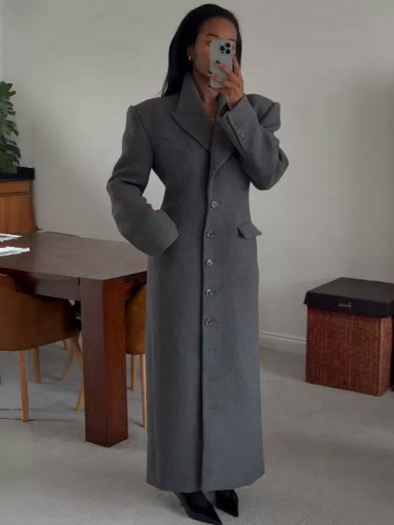 GlOURI Women'S Single-Breasted Maxi Coat - Women'S Outerwear - Grey Tailored Maxi Jacket With Pad Shoulder & Statement Buttons | Single-Breasted Designer Coat For Elegant Office & Formal Wear Warm Fall And Winter Coat