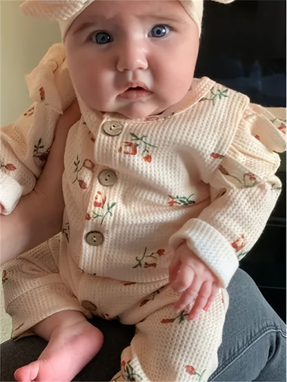 Kukitty Newborn Baby Girl Waffle Fabric Romper Ruffle Long Sleeve Floral Print Button Jumpsuit with Headband, for Outdoor