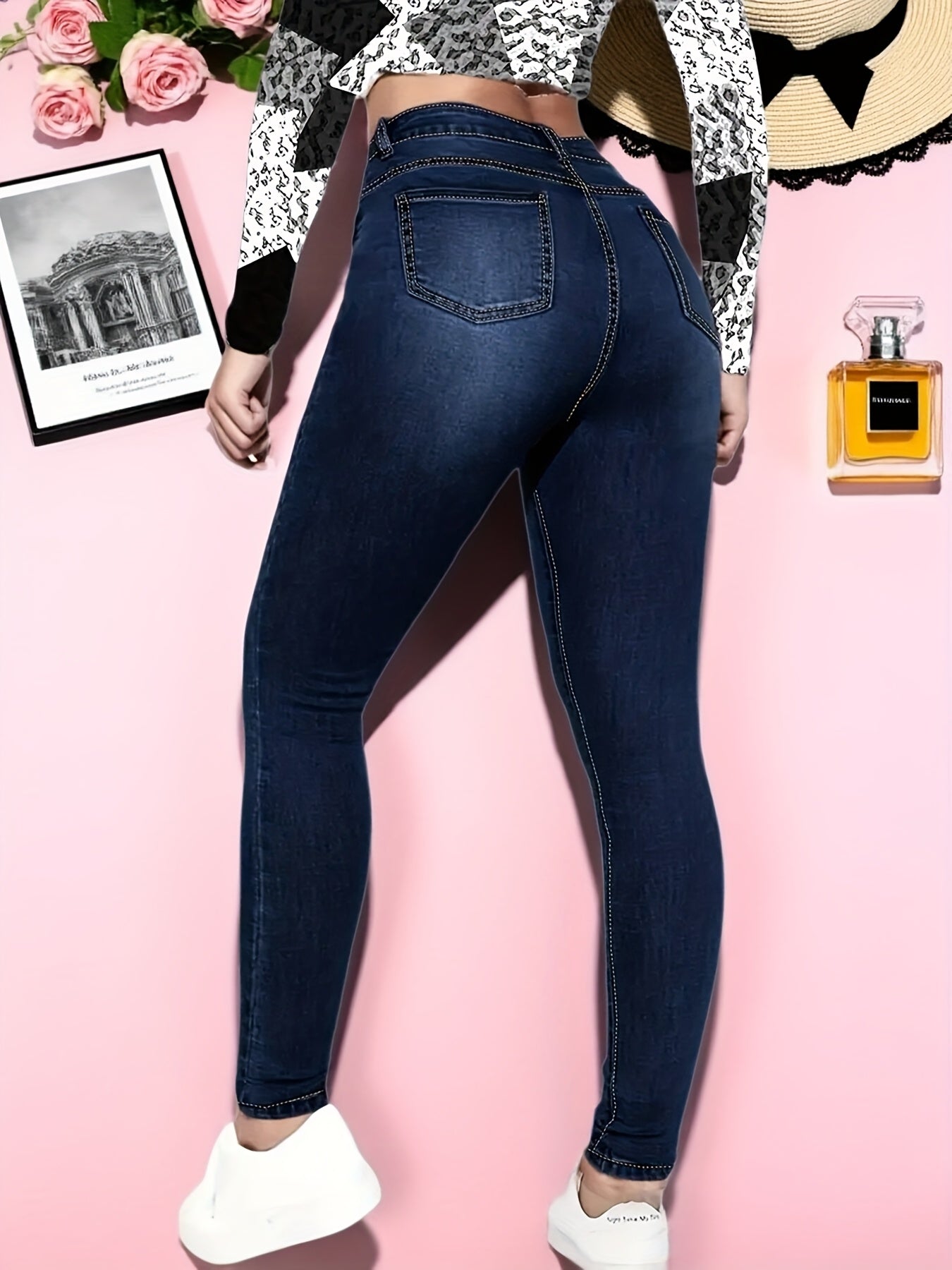 Ladies High Rise Distressed Skinny Jeans, Dark Blue Stretch Denim, Ripped Frayed, Casual Streetwear Night