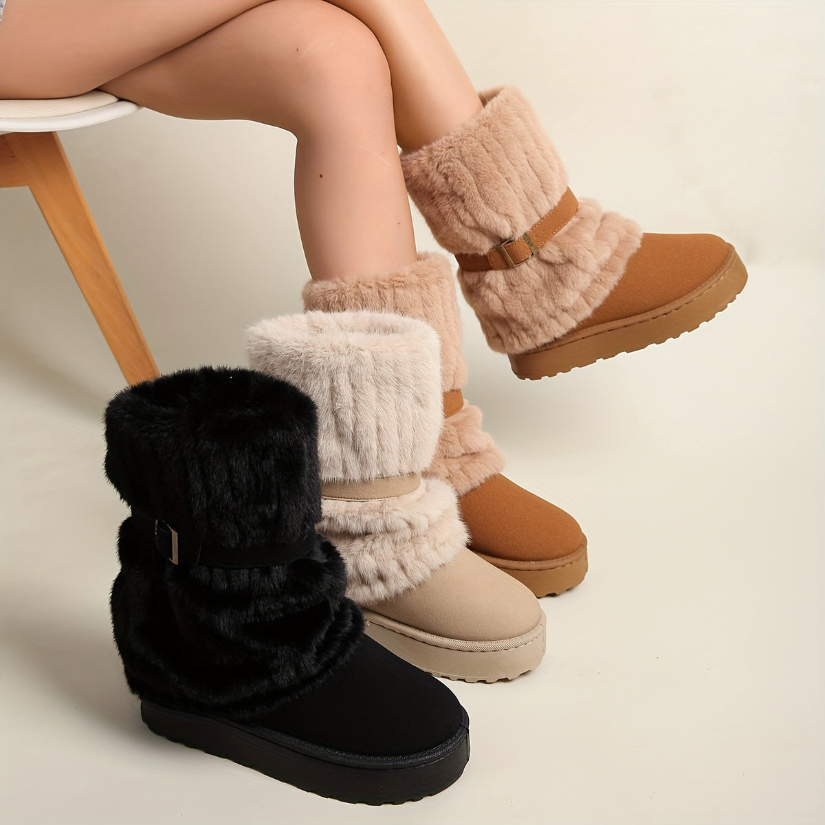 Women'S Mid-Calf Winter Boots with Plush Lining - Warm Fleece-Lined Upper, Adjustable Buckles And Slip-On Wide Fit for Cold Weather (Plus Size Available)