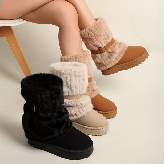 Women'S Mid-Calf Winter Boots with Plush Lining - Warm Fleece-Lined Upper, Adjustable Buckles And Slip-On Wide Fit for Cold Weather (Plus Size Available)