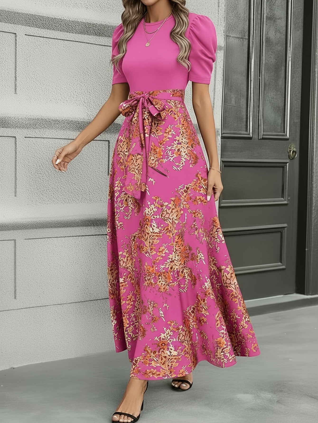 Women'S Floral Cinched-Waist Casual Long Dress, Suitable for Light Business Gatherings | Weekend Afternoon Tea And Similar Occasions, Elegant And Refined