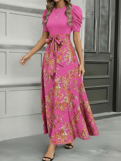 Women'S Floral Cinched-Waist Casual Long Dress, Suitable for Light Business Gatherings | Weekend Afternoon Tea And Similar Occasions, Elegant And Refined