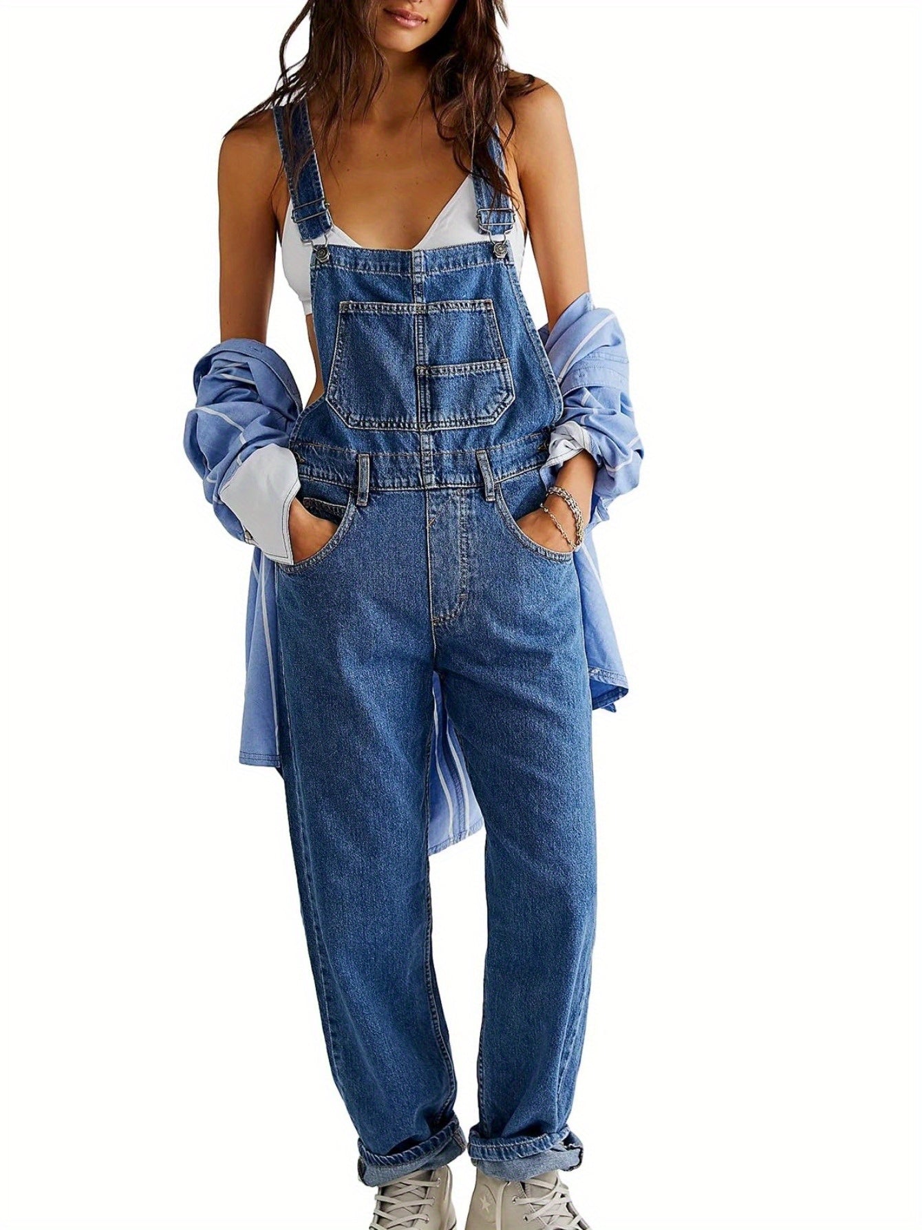 [Denim Bib Overalls] 1pc Women's Denim Bib Overalls Jumpsuit - Loose Fit, Straight Wide Leg Baggy Jean Style with Pockets, Machine Washable Casual Spring Summer Fall Outfit, Sizes S-XXL