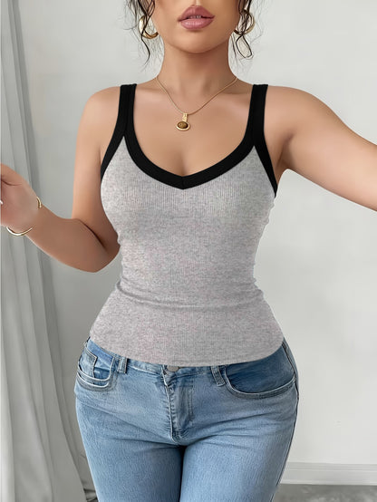 4pcs Women's Ribbed Sports Vest Set, Color-blocked V-neck Sleeveless Sports Camisole, High-elasticity Slim-fit Tank Top, Casual and Breathable Summer Top Suitable for Everyday Street Style.