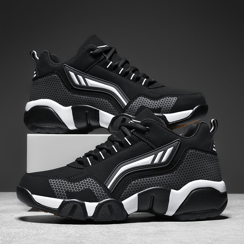 Men'S Lace-Up Sneakers - Thick Cushioned Platform Shoes with Non-Slip Rubber Sole, Low-Top Lace-Up Design in Black/White/Orange Accents - All-Season Walking Shoes for Everyday, Office, Formal Events - Durable Casual Footwear for Men, Versatile Footwear, S