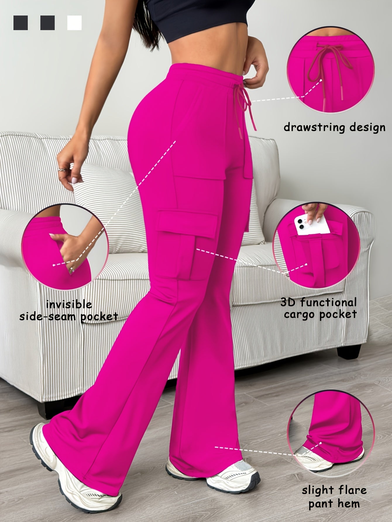 Women'S Solid Color Casual Drawstring Wide-Leg Sweatpants With Pockets, Elastic Waist Micro Flare Cargo Pants, Stretchy Pants For Daily Casual & Wear