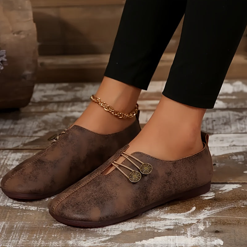 Ladies' Soft Soled Round Toe Flat Shoes With Buckle Decoration, Lightweight And Casual Monochrome Shoes With Comfortable Wearing Design, Suitable For Casual Dressing, Cute Shoes