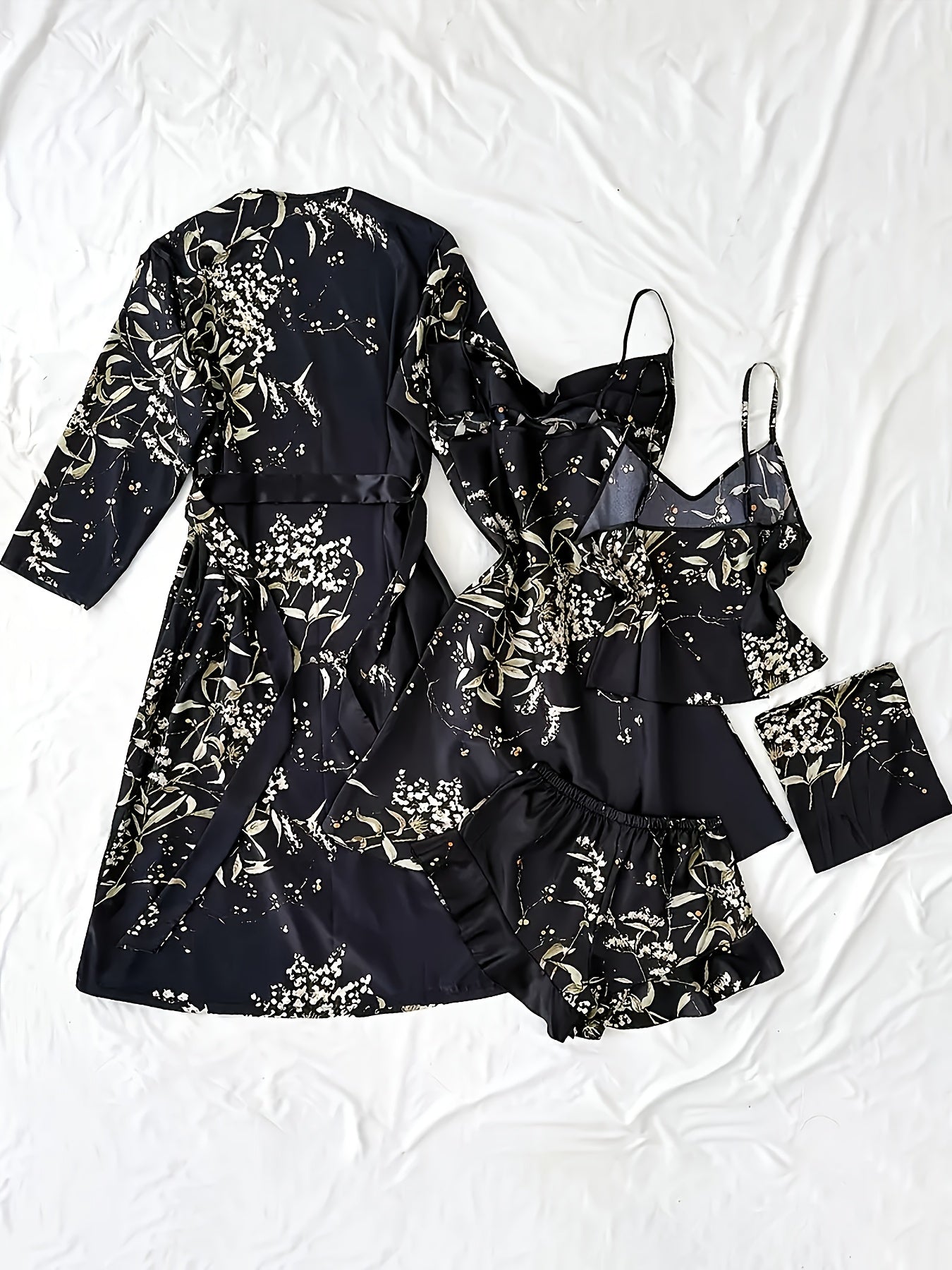Women'S Printed Pajamas Set - Set (Including Robe, Short Suspender, Shorts And Skirt), Cherry Printed Pajamas, Loose, Soft And Comfortable