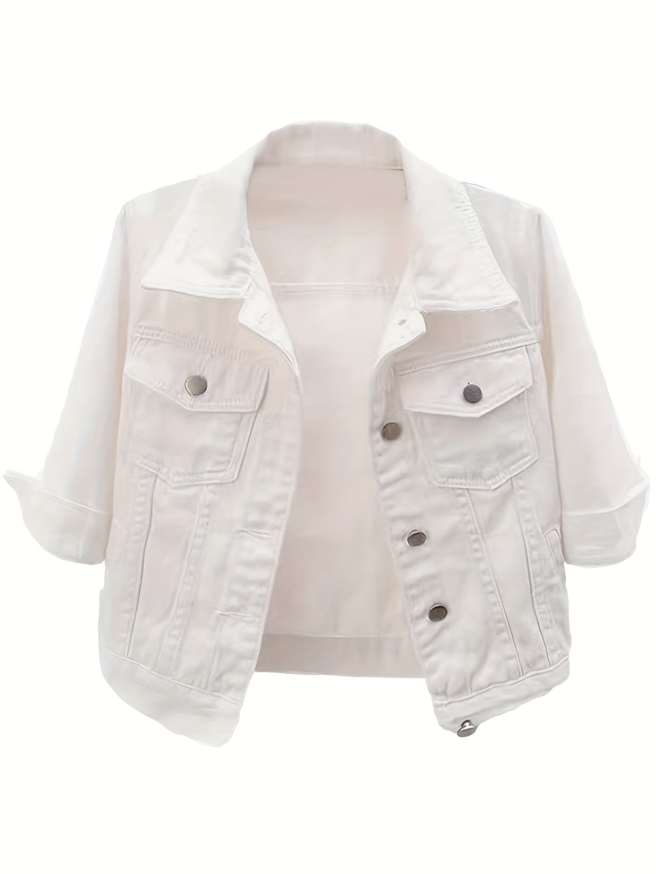 Ladies' Short Denim Jacket with a Slim Fit, Featuring 3/4 Sleeves And a Distressed Look