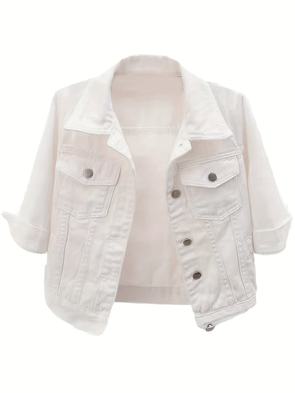Ladies' Short Denim Jacket with a Slim Fit, Featuring 3/4 Sleeves And a Distressed Look