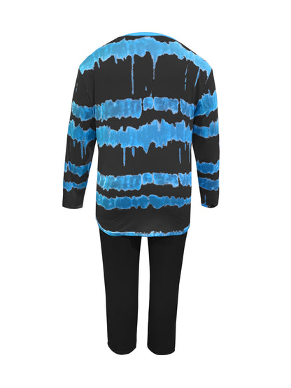 Plus Size - Plus-size Fashion Tie-dye Striped Print Long-sleeved Trousers Suit, Suitable For Going Out