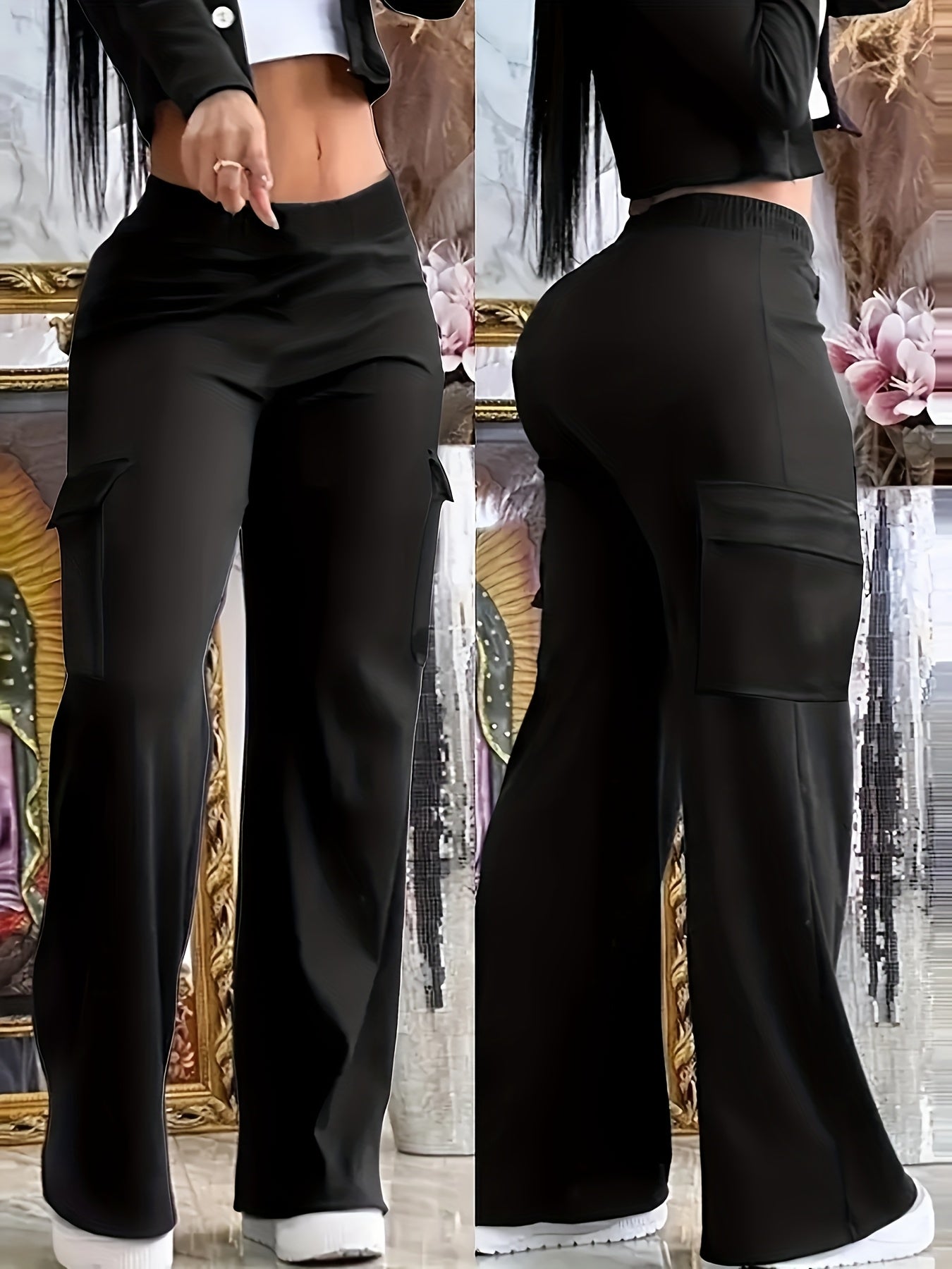 Women Wide Leg Pants Black Casual Work Pants High Waist Trousers Pull On With Pockets