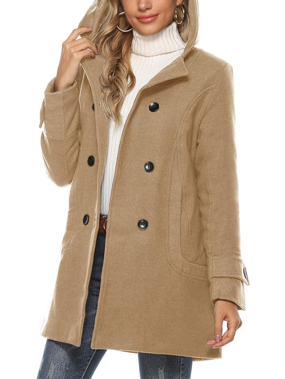 Women'S Hooded Double-Breasted Wool Blend Mid-Length Elegant Casual Coat