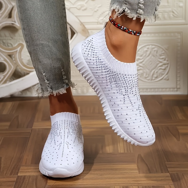 Women's Rhinestone Slip On Sneakers Sparkly Knit Walking Shoes Comfort Breathable Mesh Athletic Footwear Casual Bling Tennis Shoes Flat Loafers for Daily Wear Work Travel Trendy Lightweight Ladies