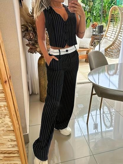 Chic Striped V-Neck Vest & High-Waisted Pants - Polyester, Comfortable Fit for All Seasons, Striped Vest Outfit|Classic Style|Vneck Design