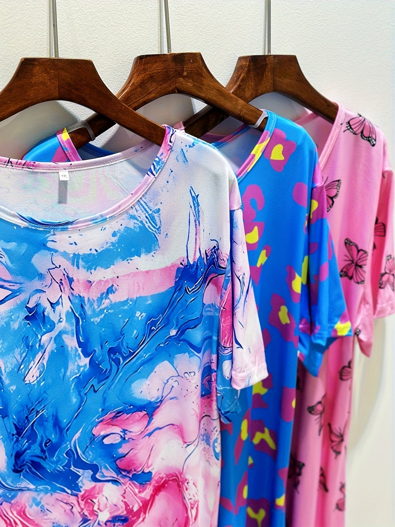 Set of 3 Plus-Size Nightgowns for Women Featuring a Casual Tie-Dye Print with Fruit And Cherry Designs in Shades of Pink