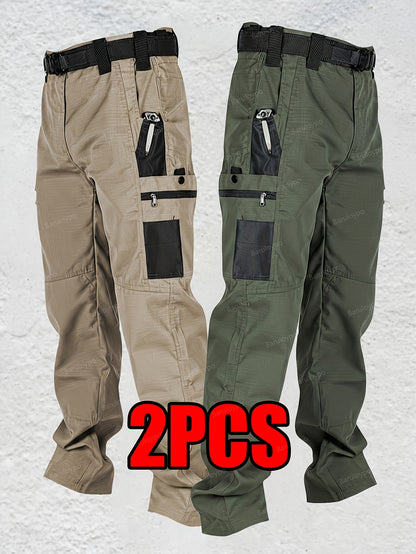 2pcs Men's Tactical Cargo Pants, Multi-Pocket Ripstop Work Trousers, High Quality Outdoor Hiking Pants, Durable Straight Leg Utility Pants for Work, Camping, Daily Wear