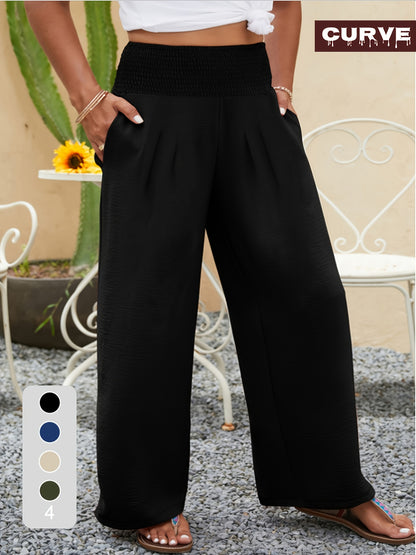 Plus Size, Chic High-Waisted Wide Leg Trousers | Plus-Size Military Green Casual Pants for Women - Spring, Summer And Autumn Comfort with Elastic