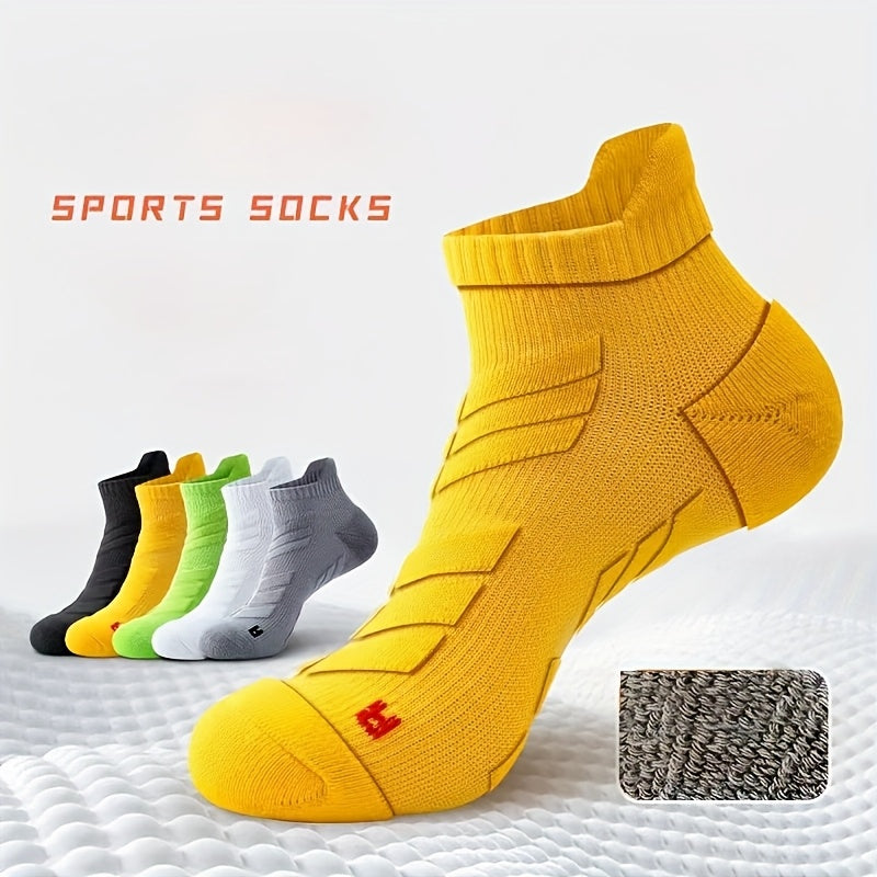 5 Pairs Of Men's Sports Socks, Ankle Support, Suitable for Basketball, Running, Marathon, Sweat-, Breathable Knitted Fabric, Shock Absorption, Non-slip, Thick Towel Bottom