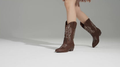 Women's Cowboy Boots Mid Calf Cowgirl Boots Embroidery Stitched Western Boots