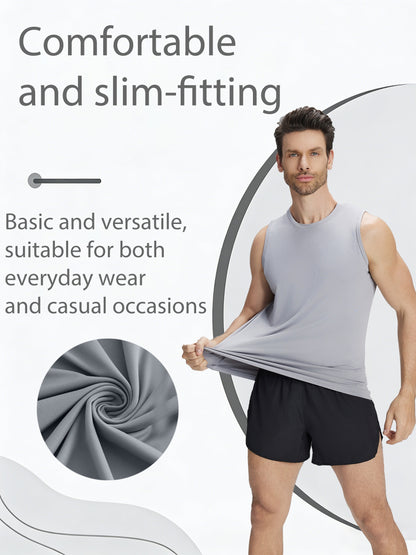 5pcs Men's Quick-Dry Sleeveless Athletic Vests - Breathable Moisture-Wicking Shirts, Solid Color Round Neck Gym Wear Suitable for Sports, Fitness, Outdoor Activities, Spring & Summer, Machine Washable Sleeveless
