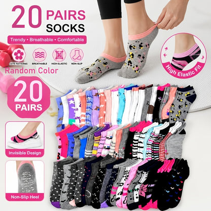 20 Pairs Random Pattern Socks, Easy And Breathable Low-Cut Ankle Socks, Women'S Stockings And Hosiery