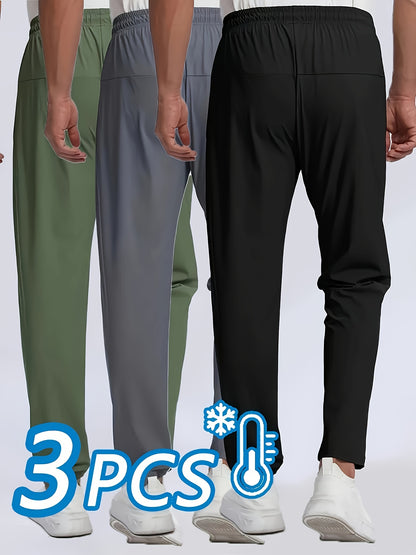 Three Pairs Of Men's Summer Stretch Ice Silky Fiber Long Pants Feature Drawstring Waistbands, Breathable And Quick-drying Materials, And Letter Patterns. Suitable for Fishing, Basketball, Camping, Gym Workouts, And Beach Running.