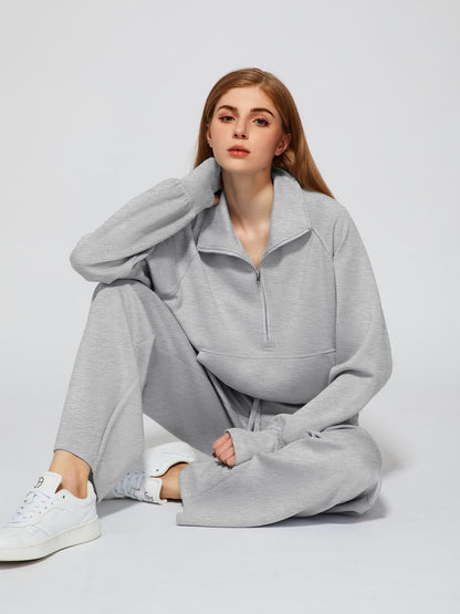 2Pcss Outfits for Women, Oversized Half-Zip Sweatshirt And Wide Leg Sweatpants Set, 2026 Spring Casual Lounge Tracksuit Women'S Trendy 2Pcss Matching Set, Oversized Quarter-Zip Pullover And Loose Wide Leg Trousers, Chic Spring Sporty Outfits