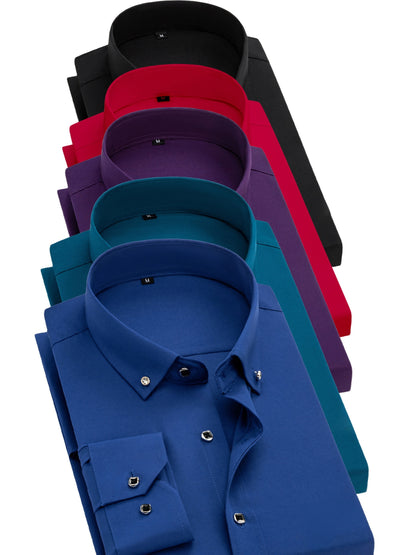 5pcs Men'S Long Sleeve Dress Shirts with Rhinestone Button Closure - Solid Color (, Red, Green) | Wrinkle-Resistant & Breathable Fabric, | All-Season Business Casual & Formal Wear | Machine Washable, Dress Shirts for Men