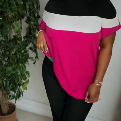 Women'S Plus Size Casual Color Block 2pcs Set - Elegant Crew Neck Short Sleeve Top & Straight Leg Pants, 95% Polyester 5% Elastane, Medium Stretch Knit Fabric, Machine Washable