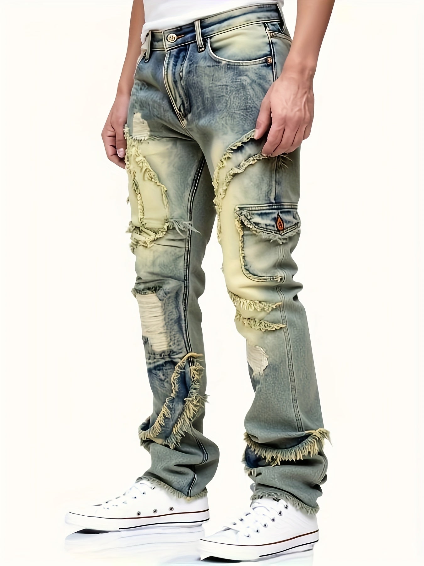 [HME] Men's Slim-fitting Straight-leg Jeans with A Patchwork Embroidery And Random Stitching Design, Fashionable And Versatile, Street Retro Style, Elastic Denim with Cotton Fabric, Heavy Washed And Nostalgic Snowflake Denim, Classic And Retro