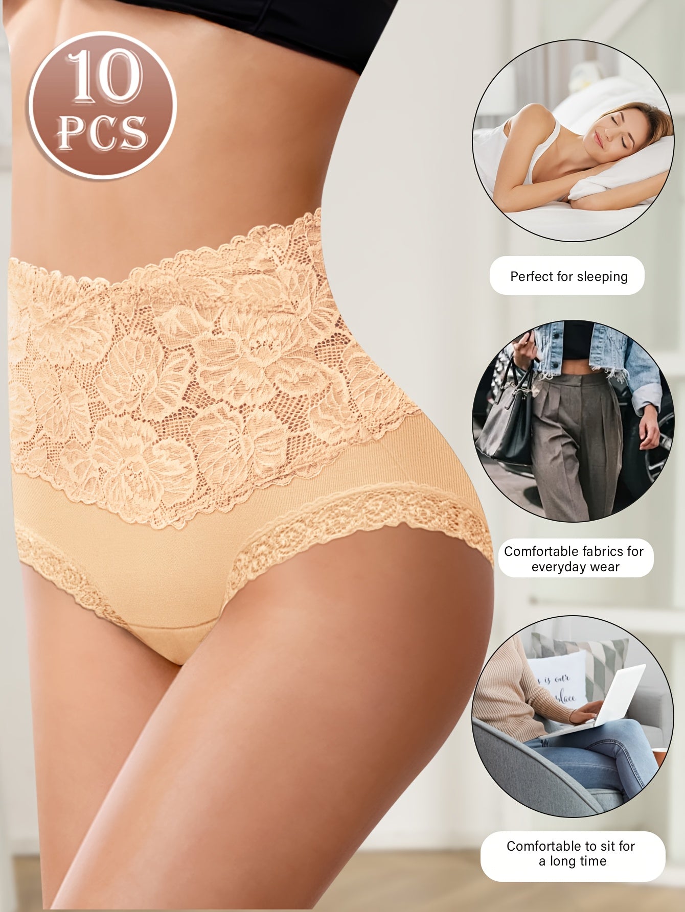 10Pack MIOTAN Elegant Lace Panties - High-Waisted Tummy Control, Fabric, Full Coverage Comfort Fit, Soft And Breathable, Everyday Wear Solid Colors, Classic Brief Style