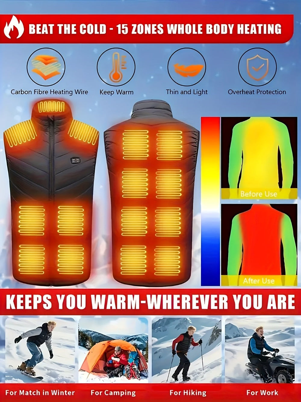 15-Zone USB Heated Vest - Front and Back Heat Controls