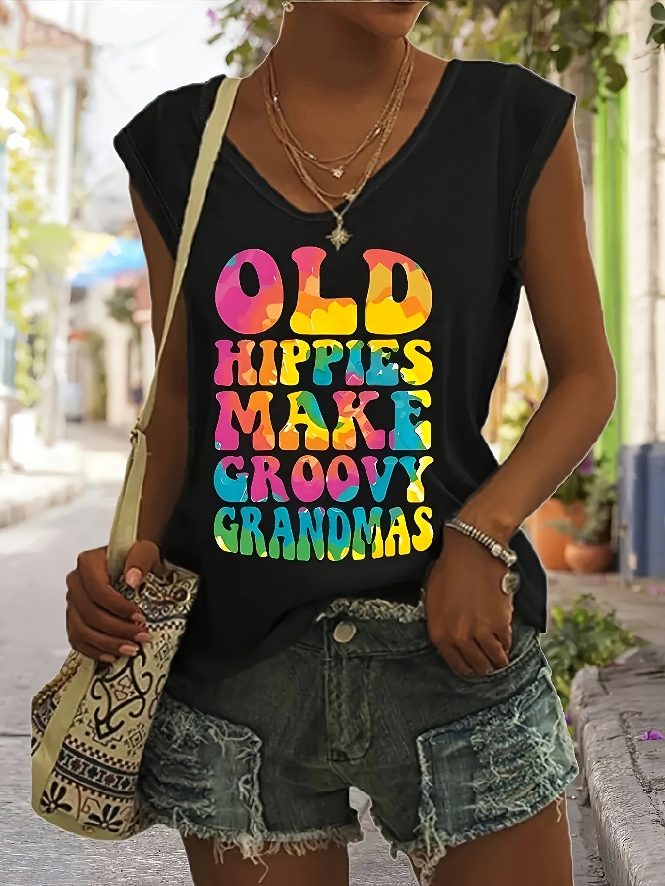 Women's Casual V-neck Sleeveless Vest- Retro "Old Hippie as a Charming Grandma" Pattern Print, Loose-fitting Summer Top, Machine-washable Black Printed Vest, Retro-style Daily Wear, Comfortable Fabric