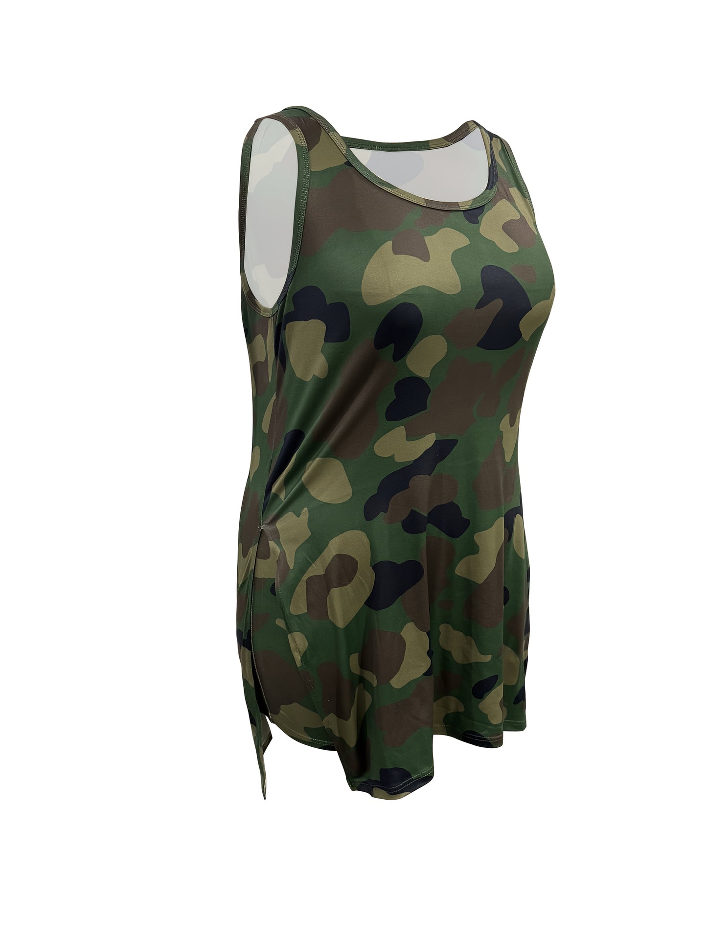 Two piece set of plus size Women's casual vest shorts, with a split hem and camouflage print