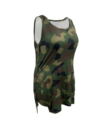 Two piece set of plus size Women's casual vest shorts, with a split hem and camouflage print